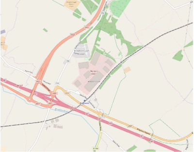 Map showing highway intersection and railway tracks