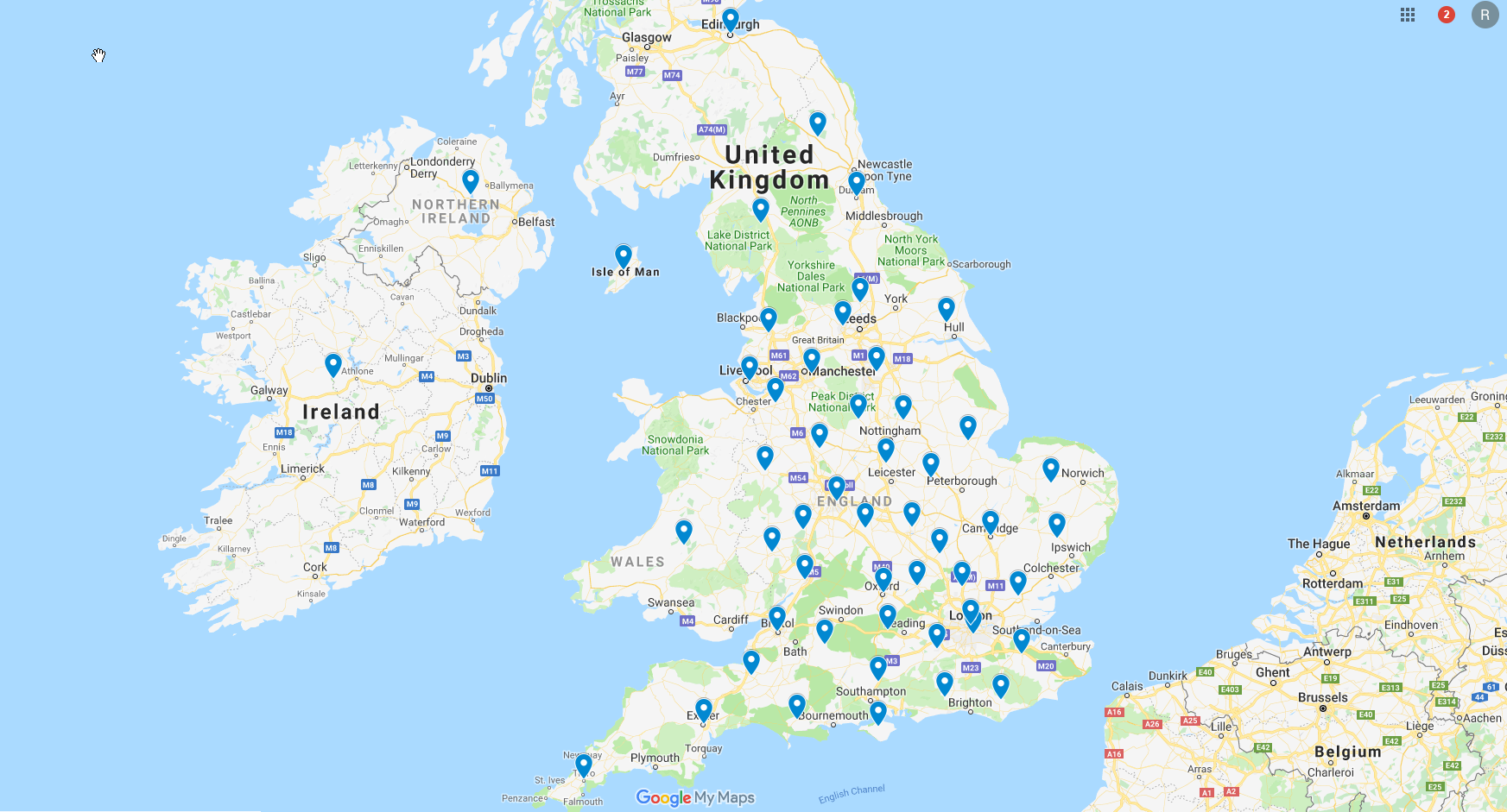 UK map dotted with blue pin drops