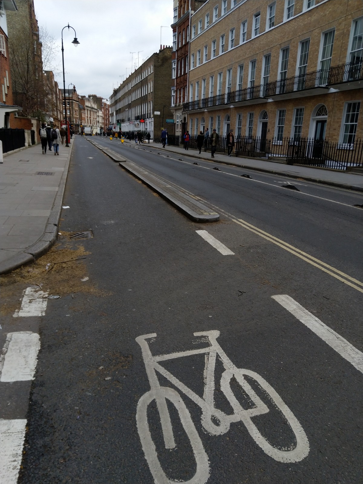 A bike lane marked out in white paint with a bicycle symbol